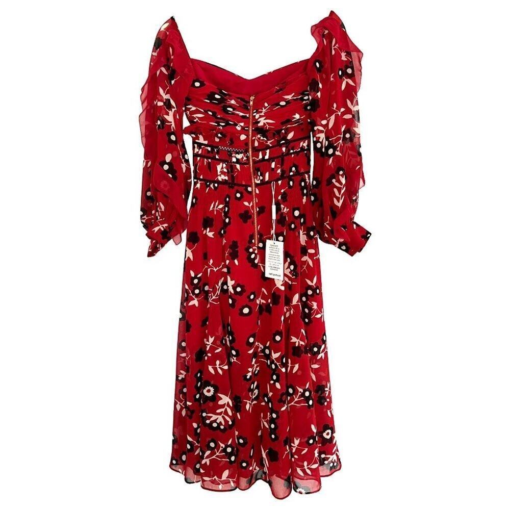 Self-Portrait Red Floral Off-Shoulder Dress w/ Sheer Sleeves- Size 2 - Picture 3 of 5